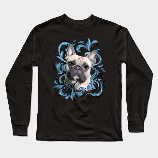 French bulldog, blue decorations leaves, frenchie lovers gift Long Sleeve T-Shirt by Collagedream